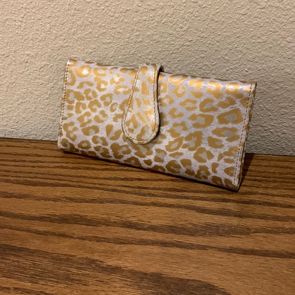Leather Mila Trifold Wallet; White Gold Leopard